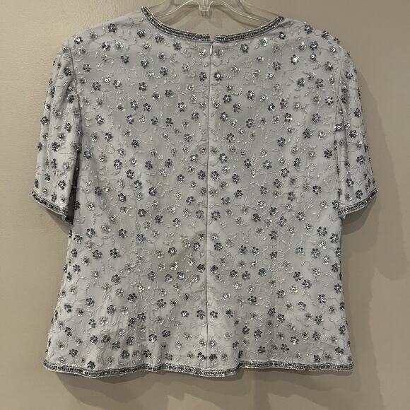 Adriana Papell Blouse 16W Gray Silver Silk Sequins Beaded Formal Evening Gatsby - Picture 5 of 7